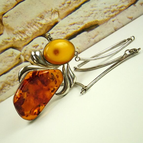 Super Giant Heavy Amber & 925 Silver Link Necklace - Rare Jewelry Gift For Her - Picture 4 of 16